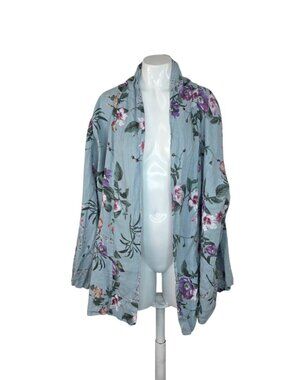 Bellambia 100% Linen Floral Open Front Roll Sleeve Cardigan, Blue, Size 3X